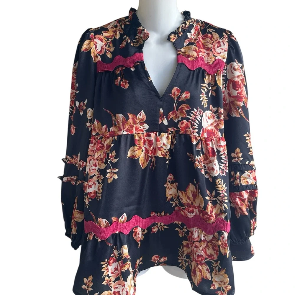 Umgee Satin Black Multi Floral Print Top Blouse with Ric Rac Trim NWT Size Med - Picture 6 of 6